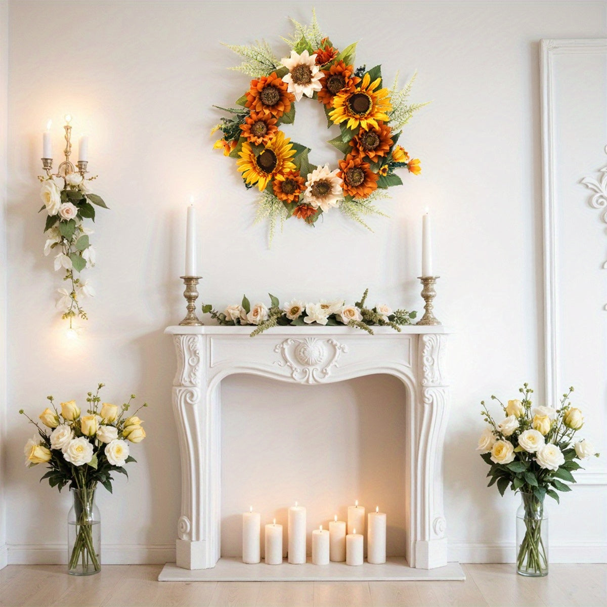 Artificial Sunflower Wreath for Front Door, Fake Flower Wreath with Yellow Sunflowers and Green Leaves for Spring Summer