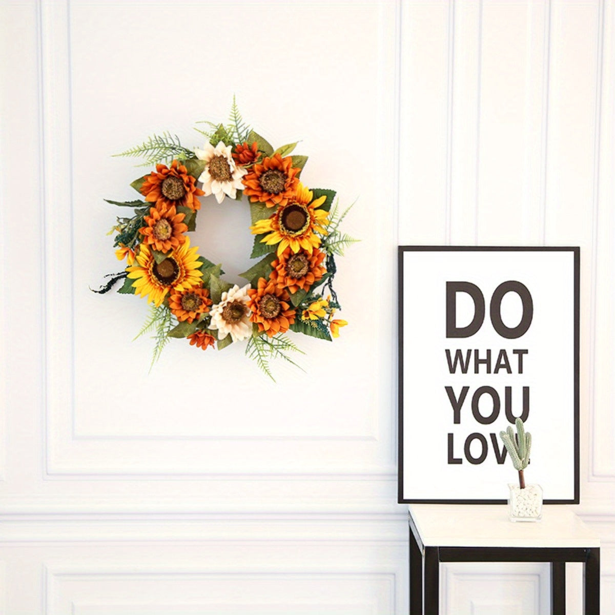 Artificial Sunflower Wreath for Front Door, Fake Flower Wreath with Yellow Sunflowers and Green Leaves for Spring Summer
