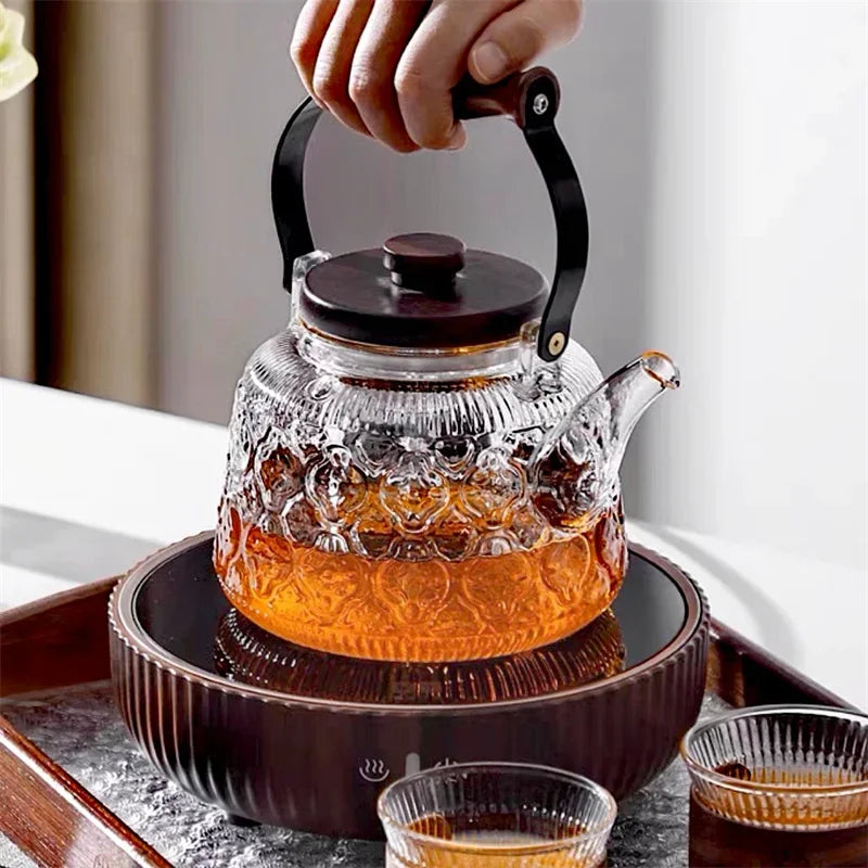 1000ML Embossed Begonia Glass Teapot With Tea Strainer Infuser Flower Puer Kungfu Tea Set Kettle Lifting Beam Tea Pot Teaware