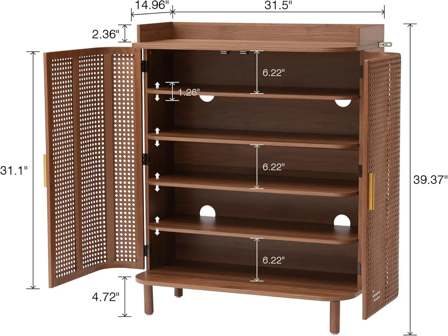 Shoe Cabinet, 5 Tier Boho Wooden Shoe Storage Organizer Cabinet with Adjustable Shelves, Shoes Rack with Iron Rattan Curved