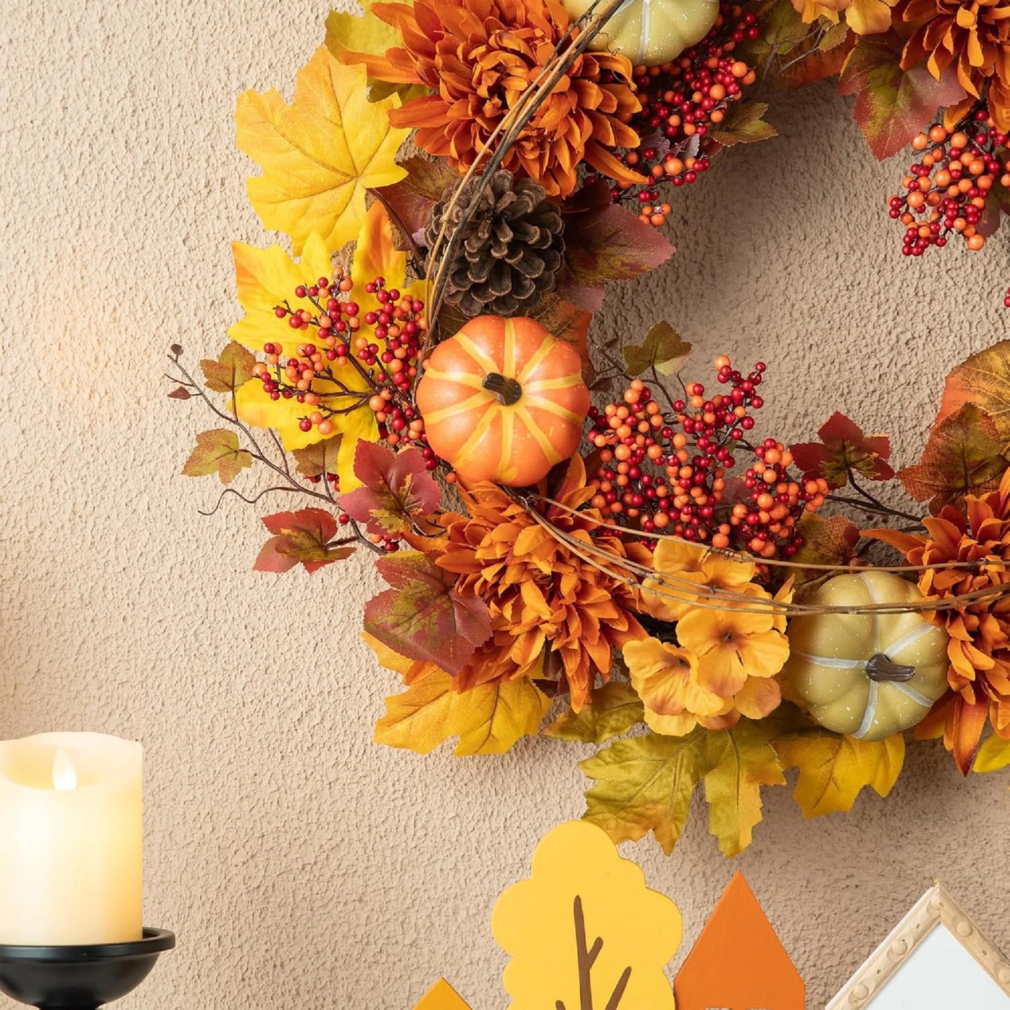 24 inch Artificial Fall Wreath Decor, Autumn Maple Leaf Wreath for Front Door with Dahlia Pumpkin