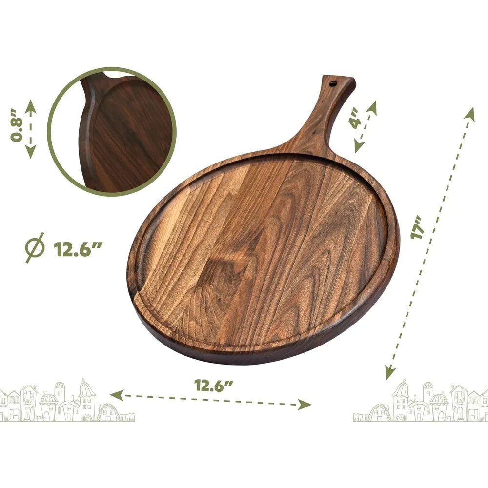 Round American Dark Walnut Wood Cutting and Serving Board with Handle - Charcuterie Wooden Board - Stylish Versatility for Your