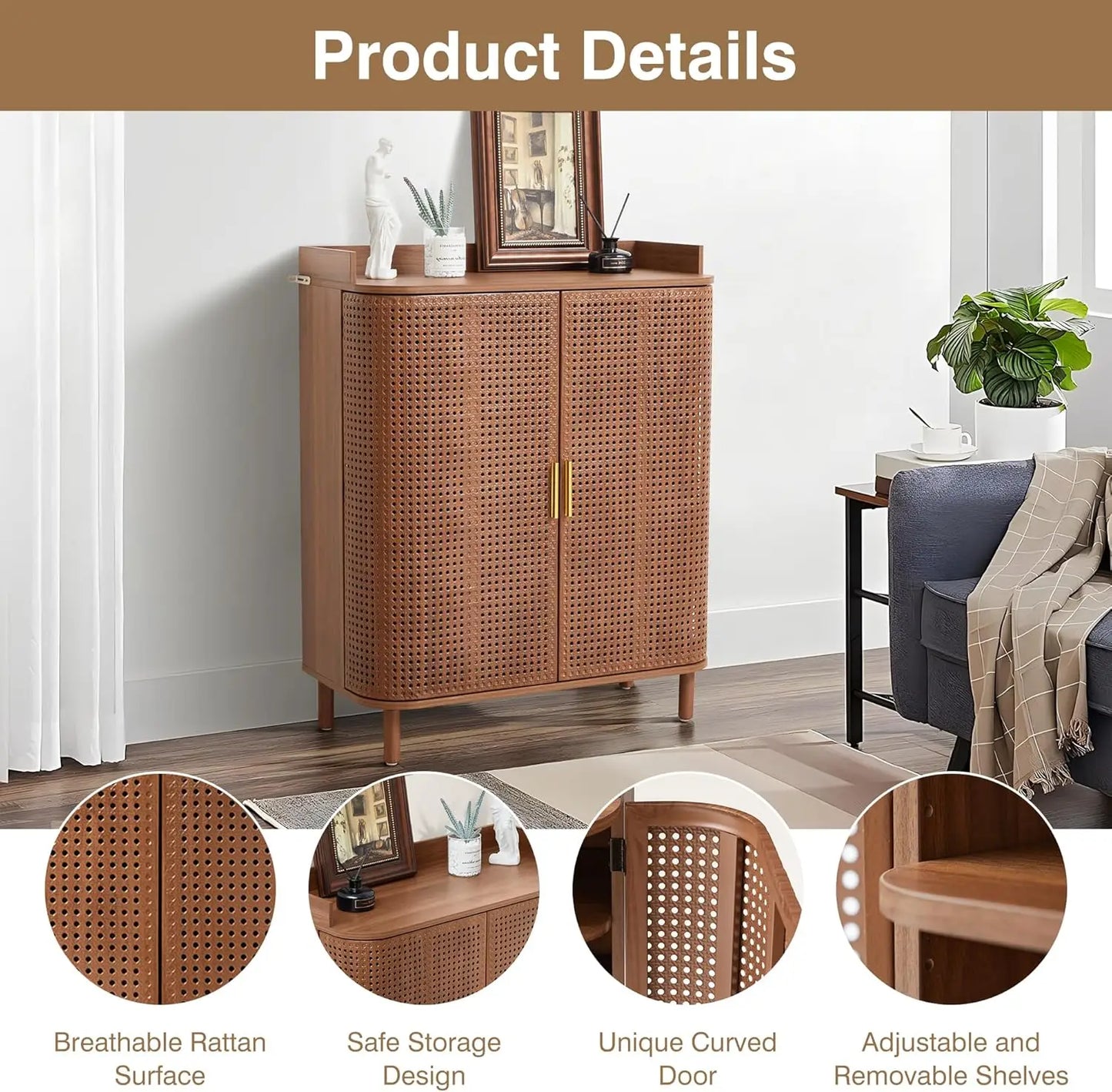 Shoe Cabinet, 5 Tier Boho Wooden Shoe Storage Organizer Cabinet with Adjustable Shelves, Shoes Rack with Iron Rattan Curved