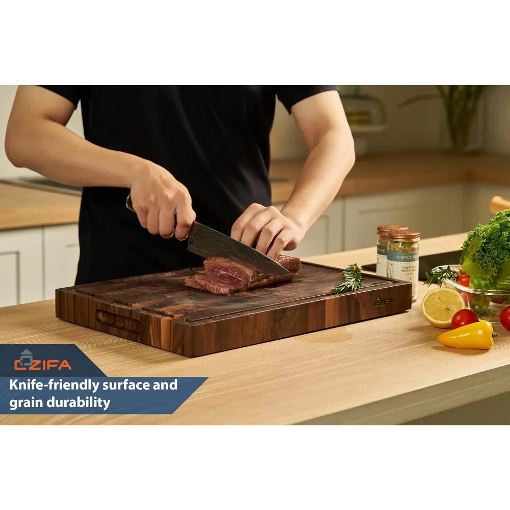 Kitchen End Grain Dark Walnut Wood Cutting Board 17x12x1.6 with Juice Groove and Inner Handles, Gift Boxed