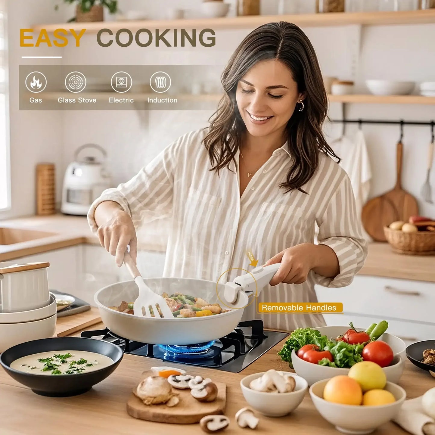 22 Piece Ceramic Pots and Pans Set Non Stick, Cookware Set with Detachable Handles, Oven Safe, Induction Ready