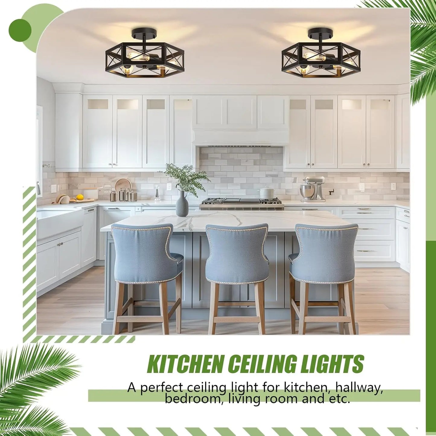 3-Light Black Semi Flush Mount Ceiling Fixture with Hexagon Cage for Kitchen Dining Room Bedroom Hallway