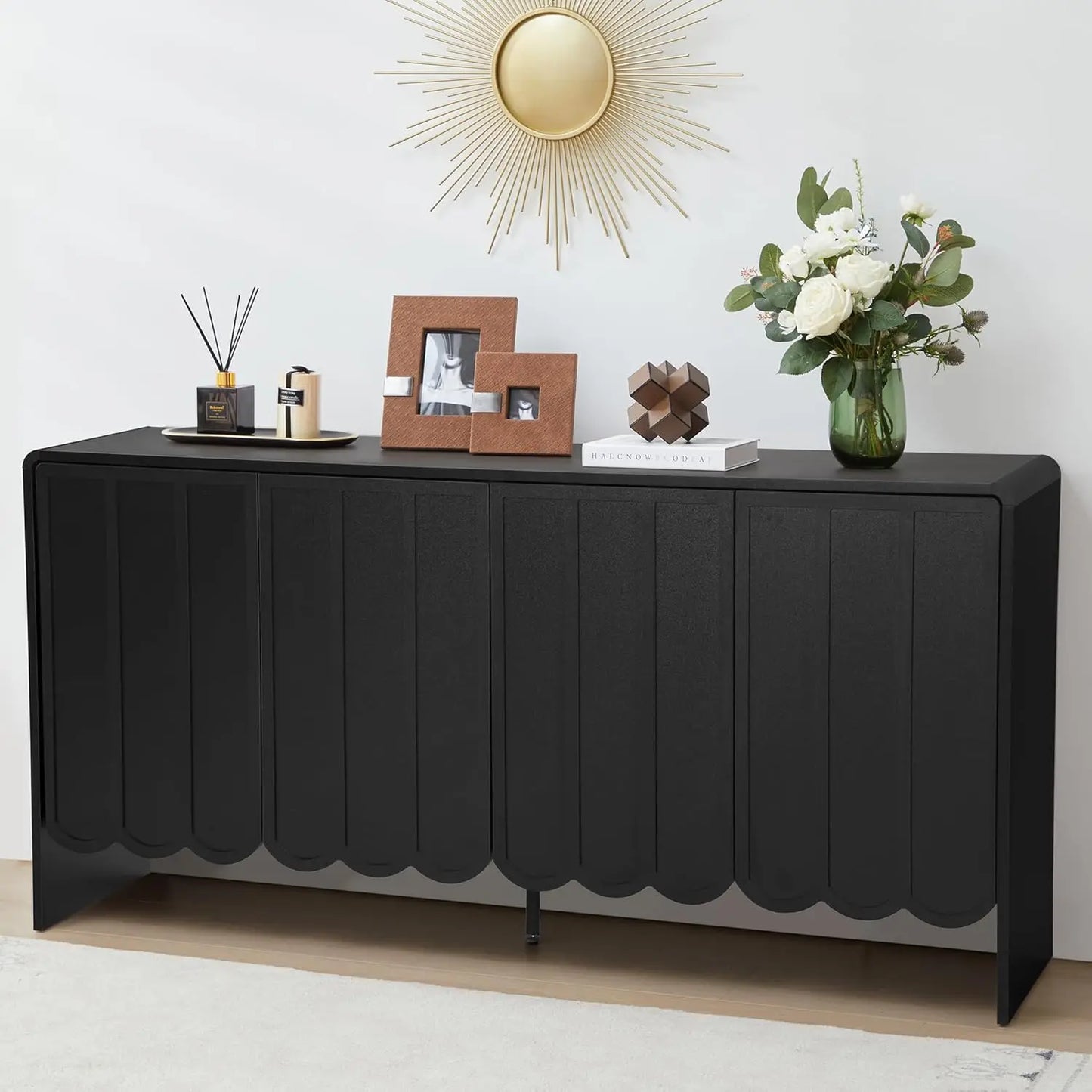 Sideboard Buffet Cabinet, Accent Storage Cabinets with 2 Doors, Farmhouse Wood Cabinet with Adjustable Shelves and Wave Panel