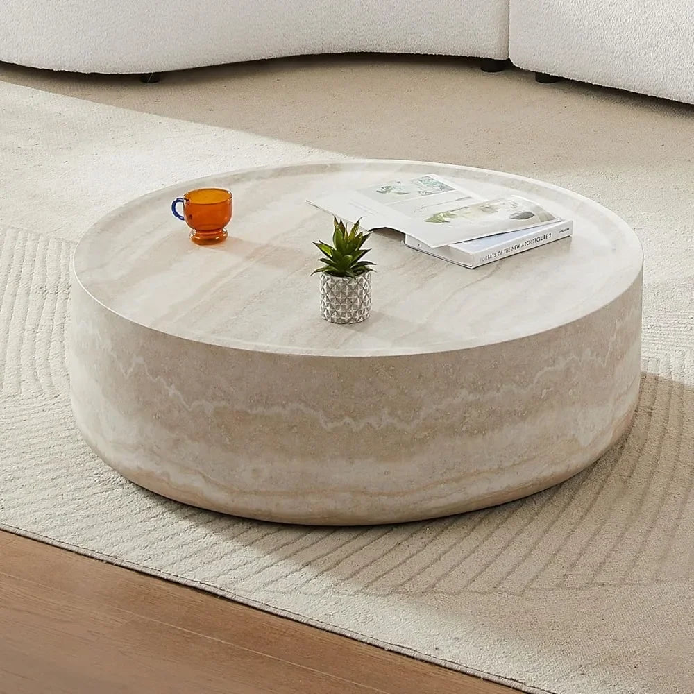 Round Coffee Table, 39.37” Modern Tea Faux Travertine Textured Table Fiberglass Side Table End Table for Living Room
