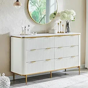 Fluted 7 Drawers Dresser for Bedroom, 54" Wide Modern Dresser TV Stand, Gold Accents, Fluted Fronts, Wood Storage Dressers Orga