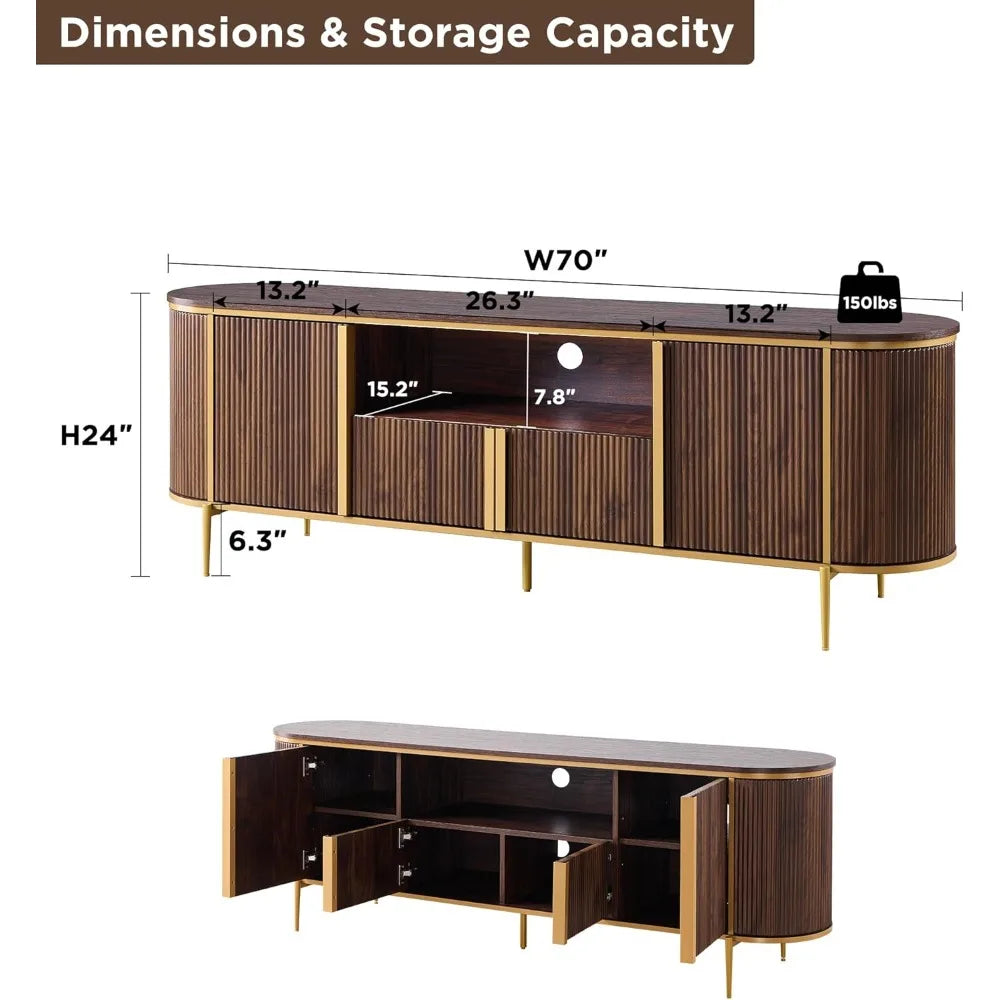 Luxury 70" Fluted TV Stand, Modern Chic Entertainment Center for TVs Up to 80 inches, TV Console with Faux Marble Top, Curved P