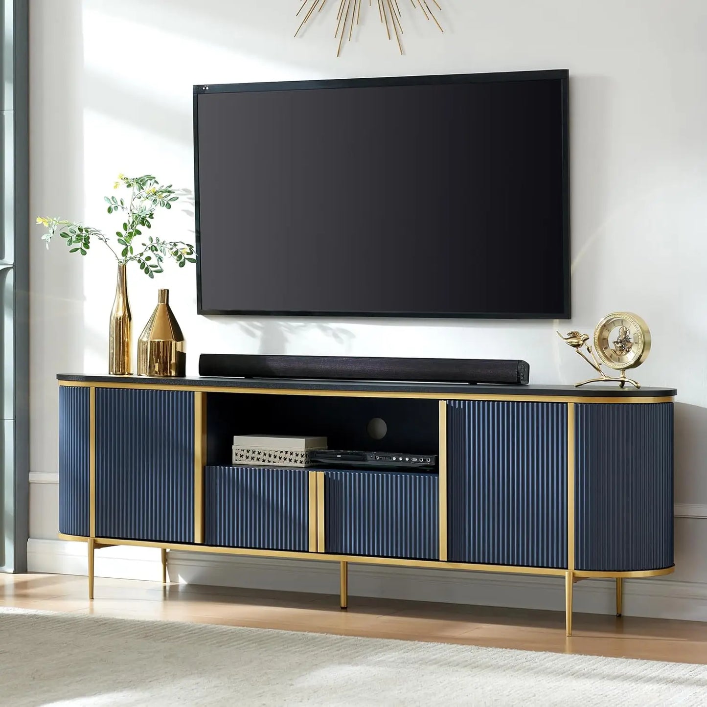 Luxury 70" Fluted TV Stand, Modern Chic Entertainment Center for TVs Up to 80 inches, TV Console with Faux Marble Top, Curved P