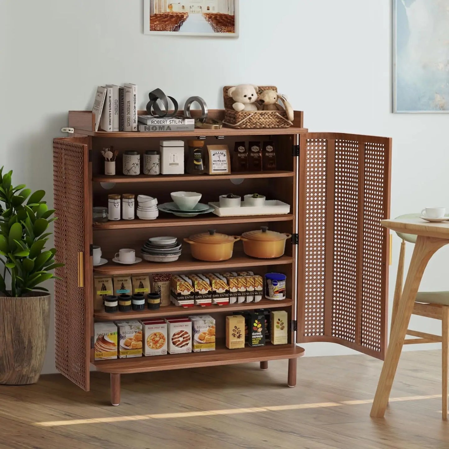 Shoe Cabinet, 5 Tier Boho Wooden Shoe Storage Organizer Cabinet with Adjustable Shelves, Shoes Rack with Iron Rattan Curved