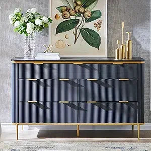 Fluted 7 Drawers Dresser for Bedroom, 54" Wide Modern Dresser TV Stand, Gold Accents, Fluted Fronts, Wood Storage Dressers Orga