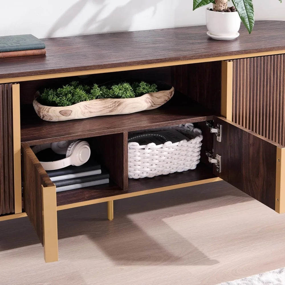 Luxury 70" Fluted TV Stand, Modern Chic Entertainment Center for TVs Up to 80 inches, TV Console with Faux Marble Top, Curved P