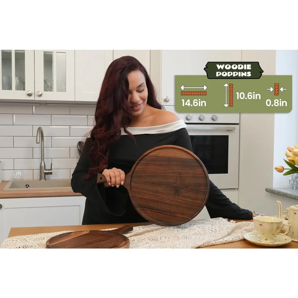 Round American Dark Walnut Wood Cutting and Serving Board with Handle - Charcuterie Wooden Board - Stylish Versatility for Your