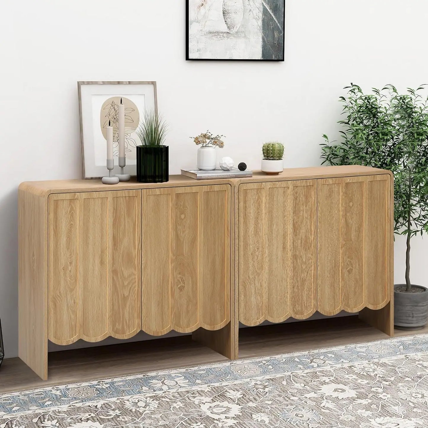 Sideboard Buffet Cabinet, Accent Storage Cabinets with 2 Doors, Farmhouse Wood Cabinet with Adjustable Shelves and Wave Panel
