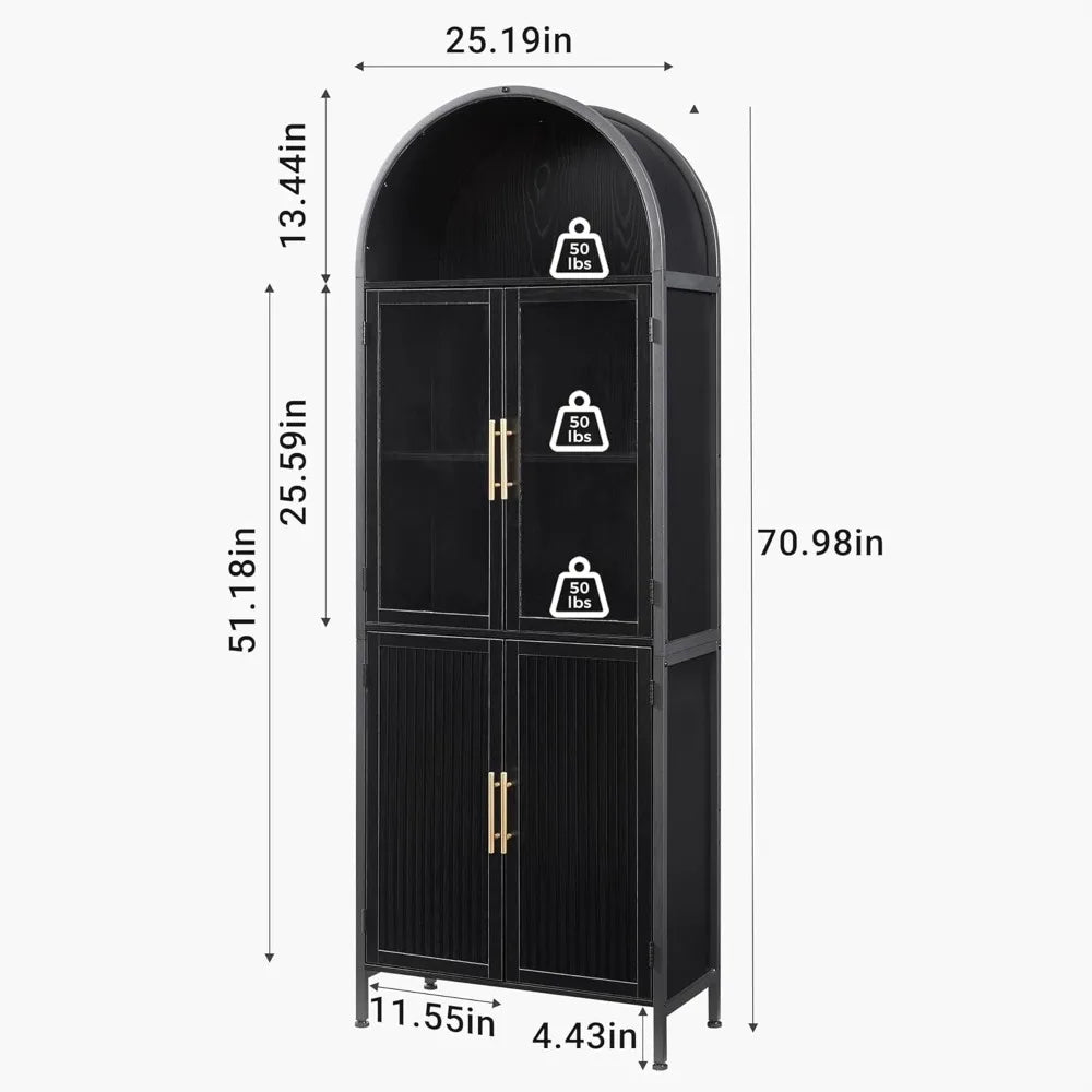 Arched Storage Cabinet with Glass Doors & Shelves, 5-Tier Farmhouse Bookcase Bookshelf Tall Floor Curved Hutch Storage Cabinet