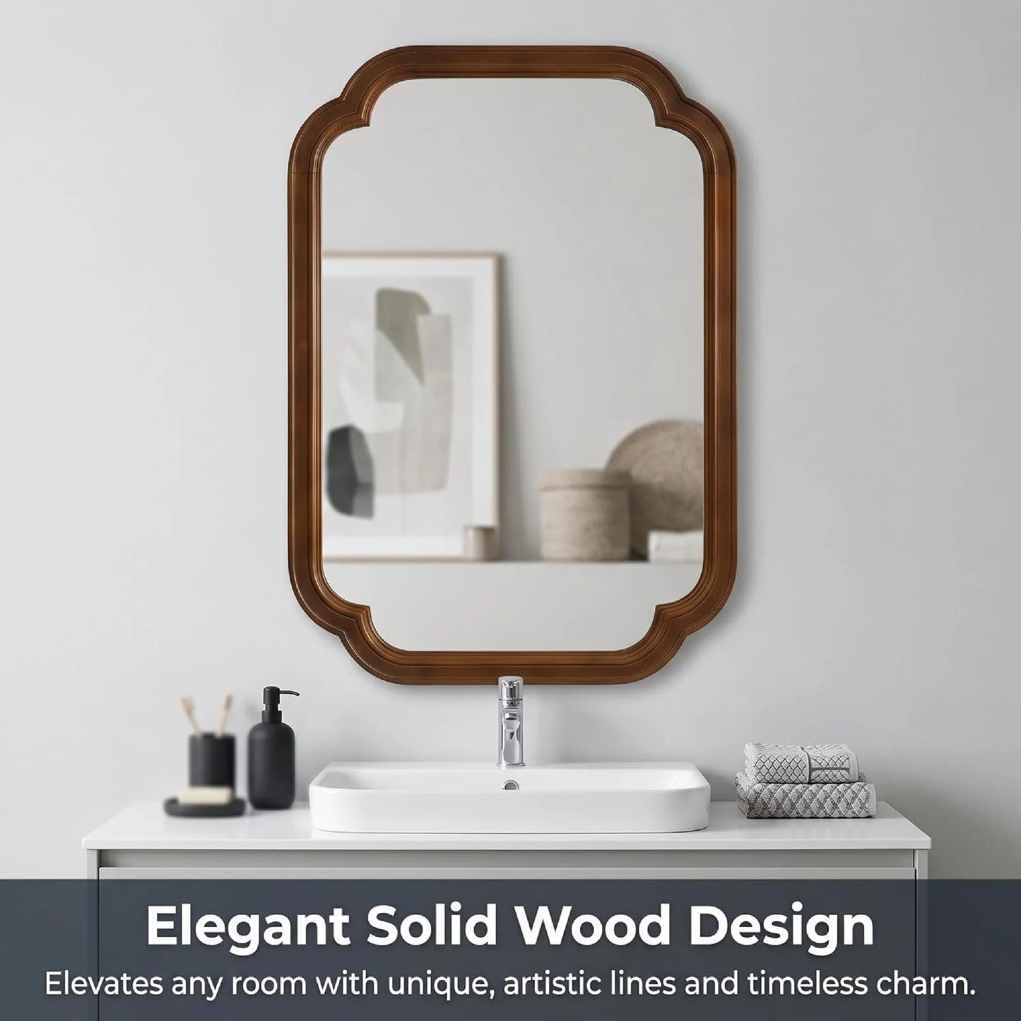 Black Walnut Rounded Corner Mirror, 20" x 30" Solid Wood Frame Decorative Wall Mirror for Bathroom Bedroom Living Room Entryway