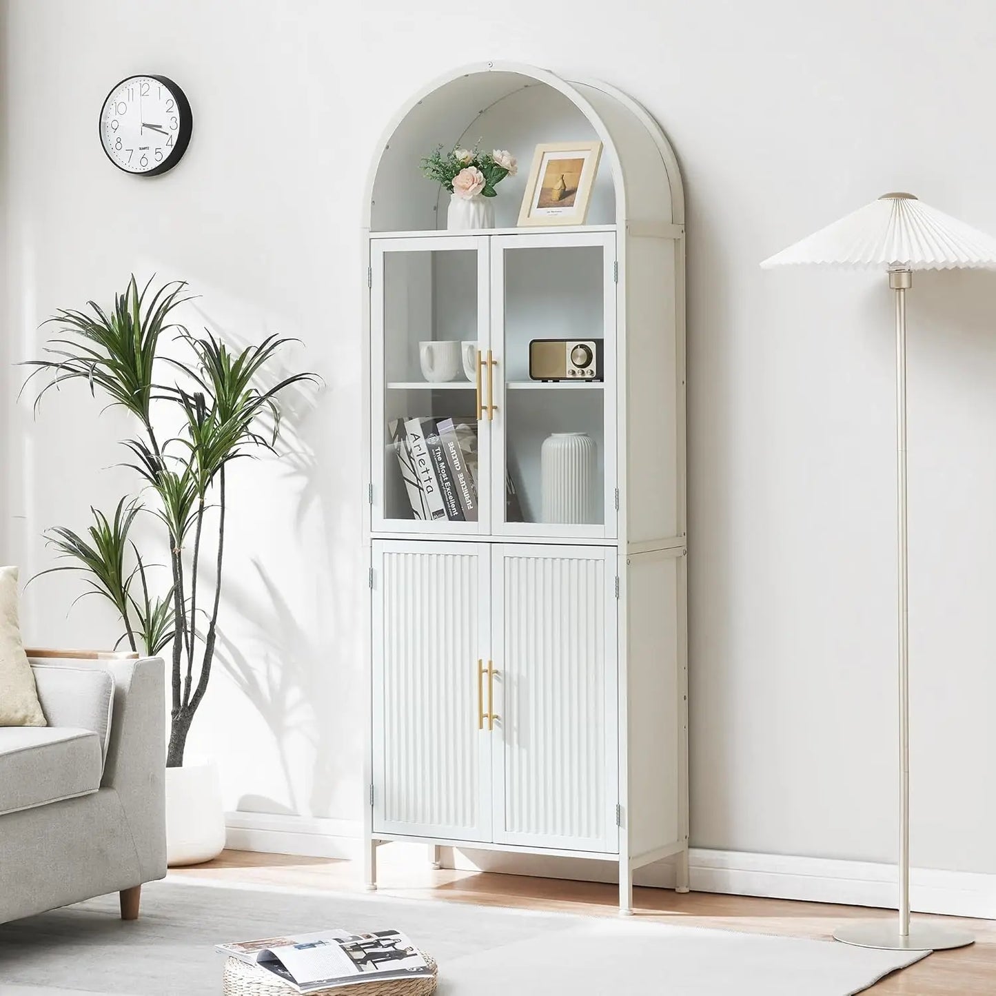 Arched Storage Cabinet with Glass Doors & Shelves, 5-Tier Farmhouse Bookcase Bookshelf Tall Floor Curved Hutch Storage Cabinet