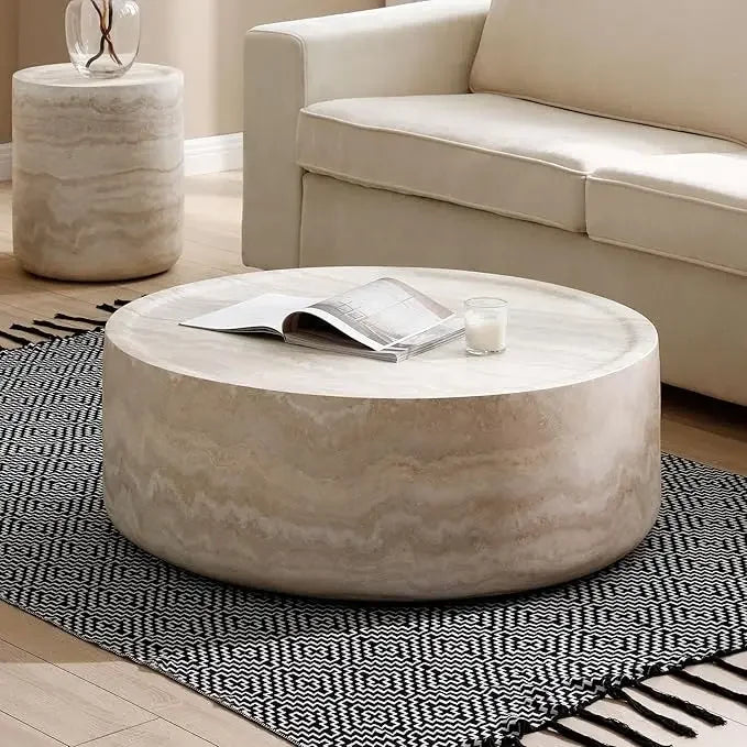 Round Coffee Table, 39.37” Modern Tea Faux Travertine Textured Table Fiberglass Side Table End Table for Living Room