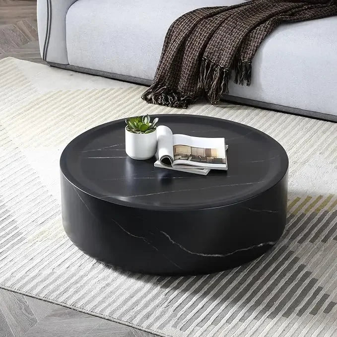 Round Coffee Table, 39.37” Modern Tea Faux Travertine Textured Table Fiberglass Side Table End Table for Living Room