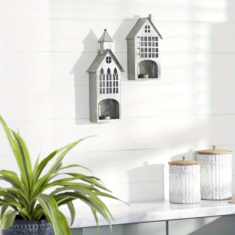 2-Piece Grey Farmhouse Votive Holders - Rustic Textured Candle Holders with Distressed Finish, Ideal for Mantles, Dining Tables