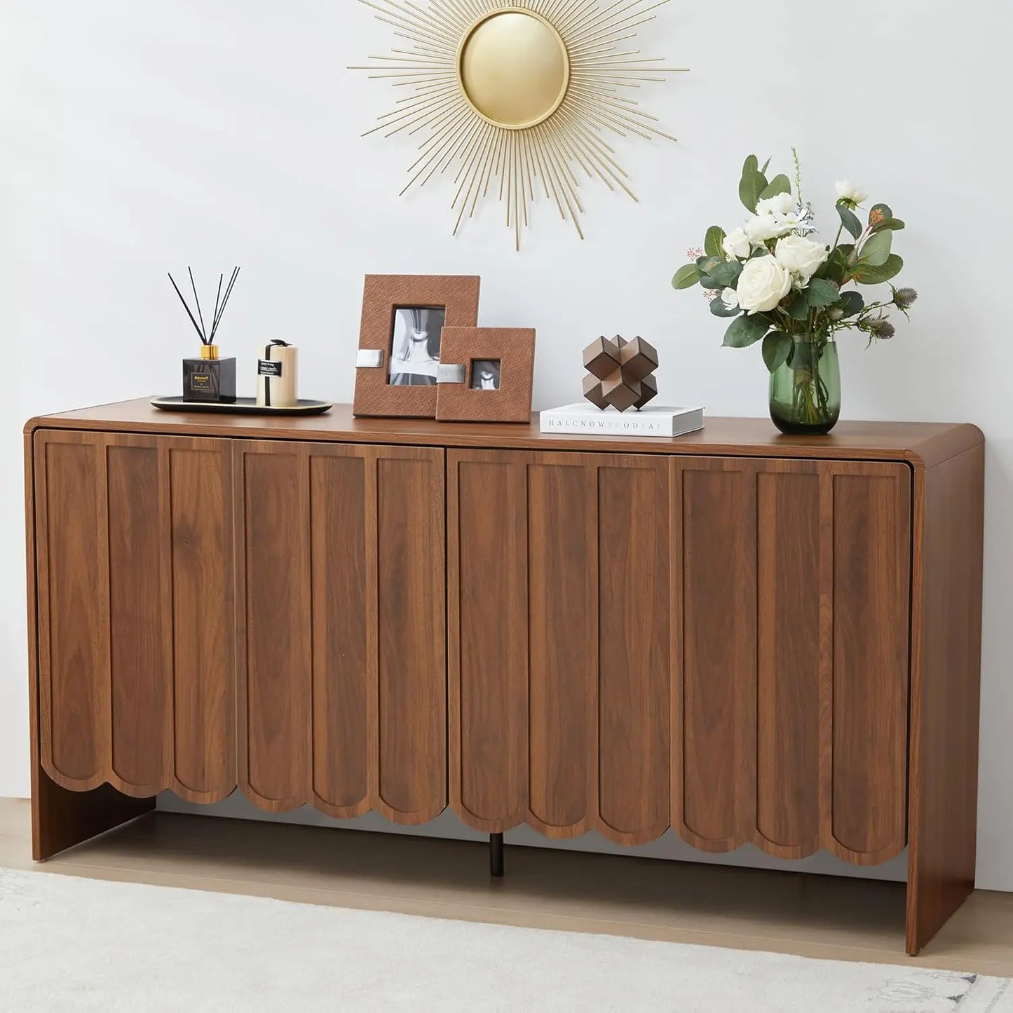 Sideboard Buffet Cabinet, Accent Storage Cabinets with 2 Doors, Farmhouse Wood Cabinet with Adjustable Shelves and Wave Panel