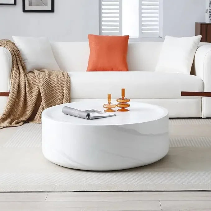Round Coffee Table, 39.37” Modern Tea Faux Travertine Textured Table Fiberglass Side Table End Table for Living Room