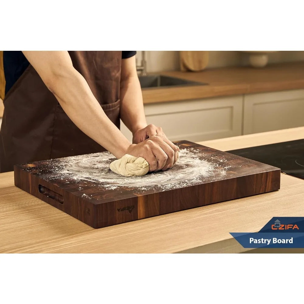 Kitchen End Grain Dark Walnut Wood Cutting Board 17x12x1.6 with Juice Groove and Inner Handles, Gift Boxed