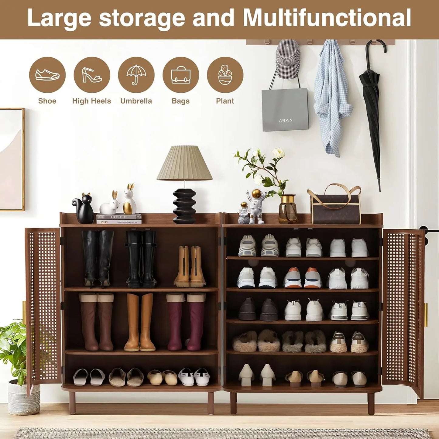 Shoe Cabinet, 5 Tier Boho Wooden Shoe Storage Organizer Cabinet with Adjustable Shelves, Shoes Rack with Iron Rattan Curved