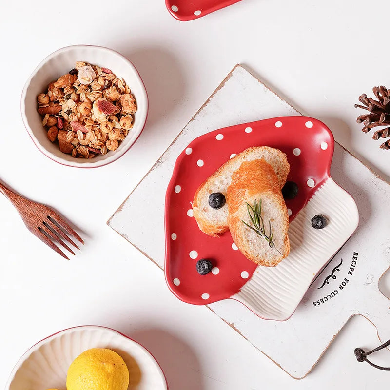 Ceramic Red Mushroom Tableware Mug Snack Plate Creative Cute Handmade Dinner Serving Plate Bowl Spoon Kitchen Dinnerware