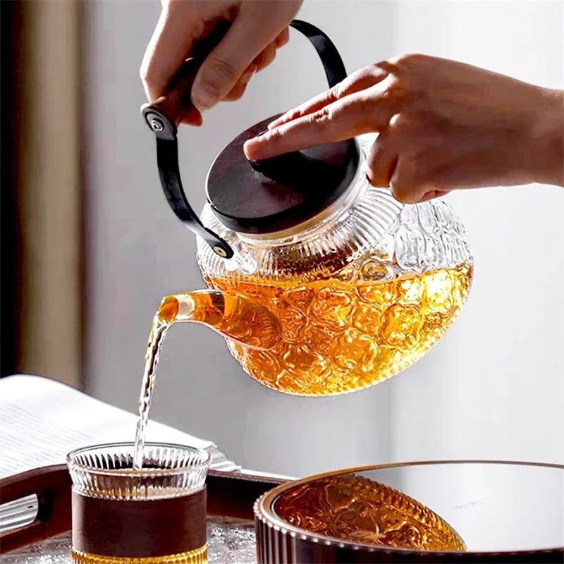 1000ML Embossed Begonia Glass Teapot With Tea Strainer Infuser Flower Puer Kungfu Tea Set Kettle Lifting Beam Tea Pot Teaware