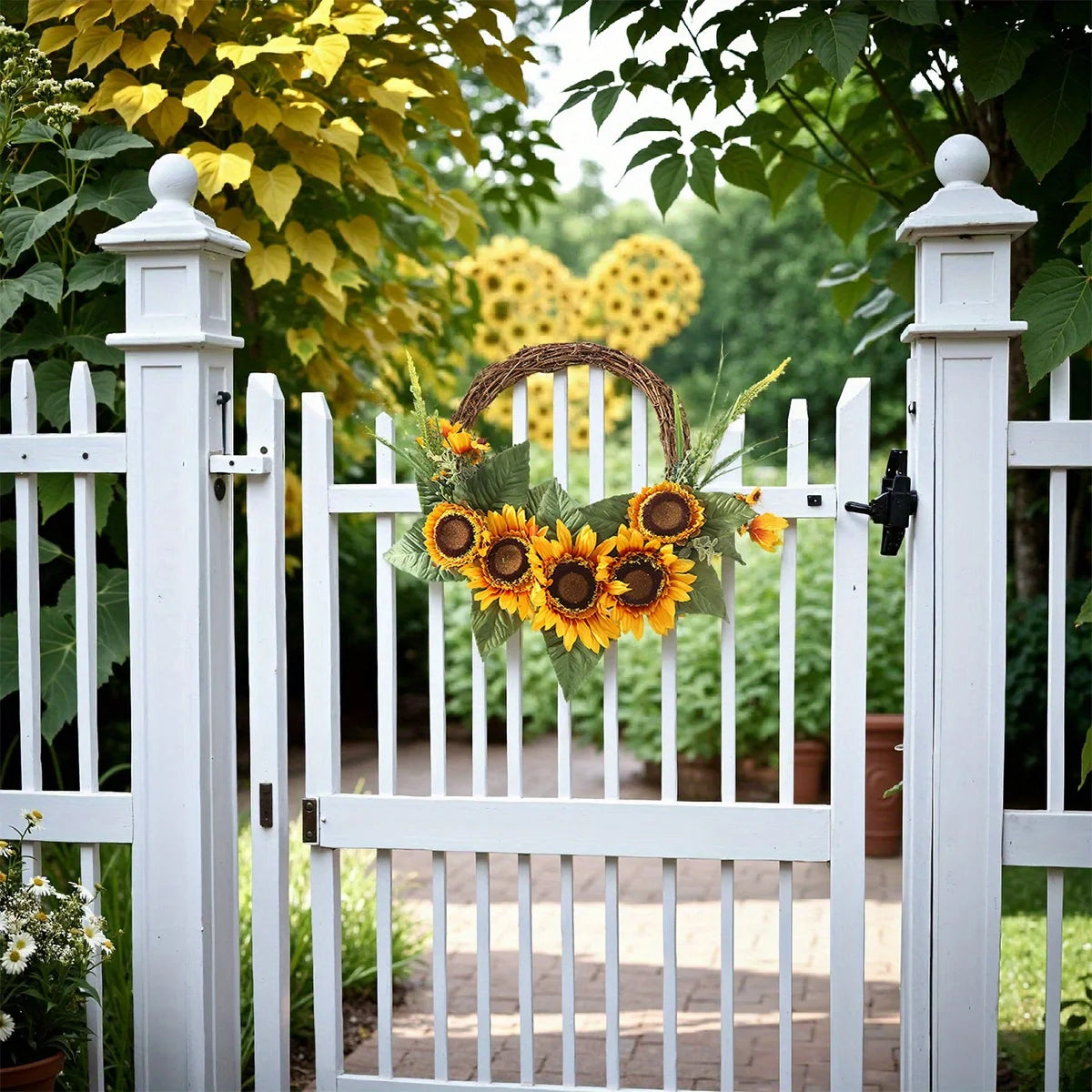 Artificial Sunflower Wreath for Front Door, Fake Flower Wreath with Yellow Sunflowers and Green Leaves for Spring Summer