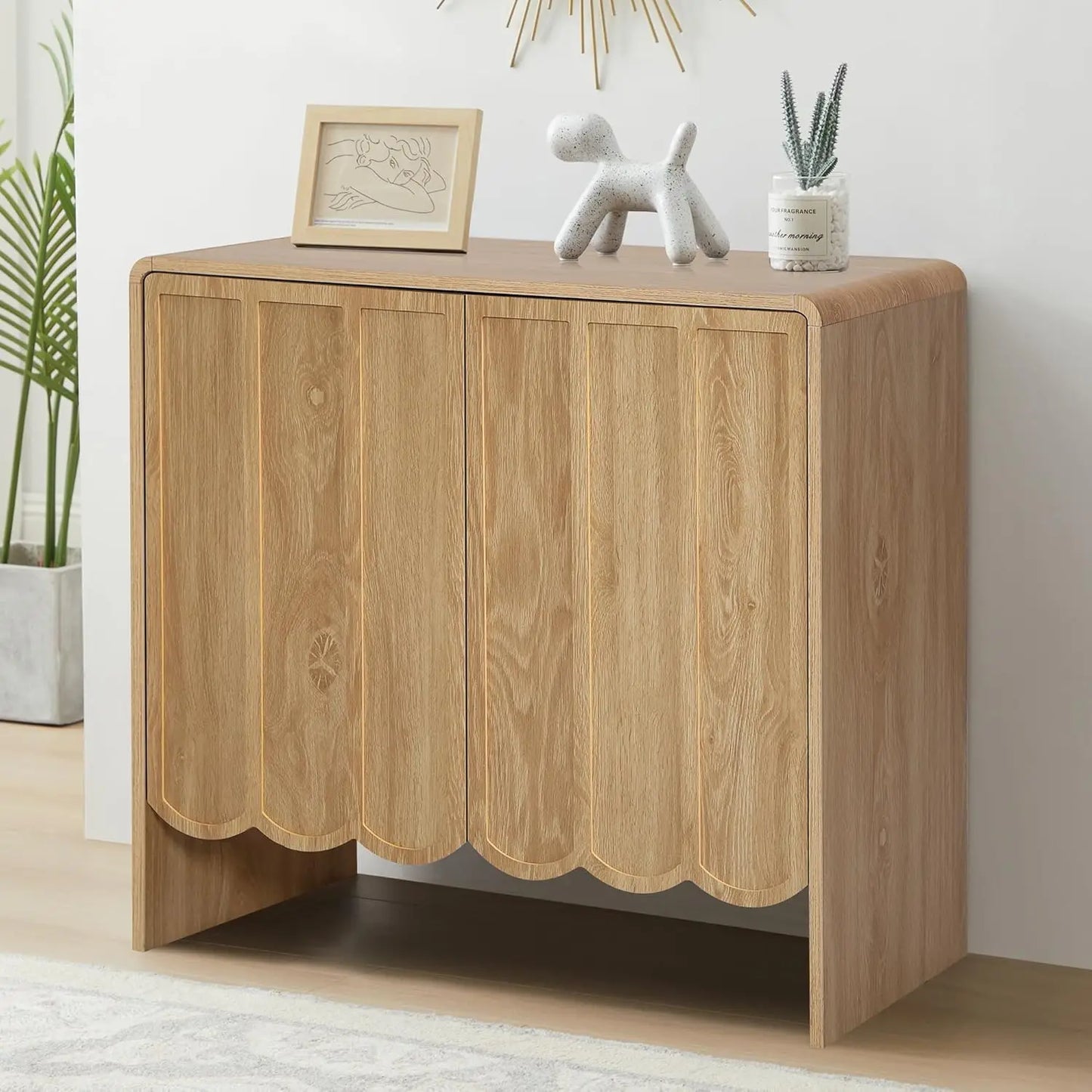 Sideboard Buffet Cabinet, Accent Storage Cabinets with 2 Doors, Farmhouse Wood Cabinet with Adjustable Shelves and Wave Panel