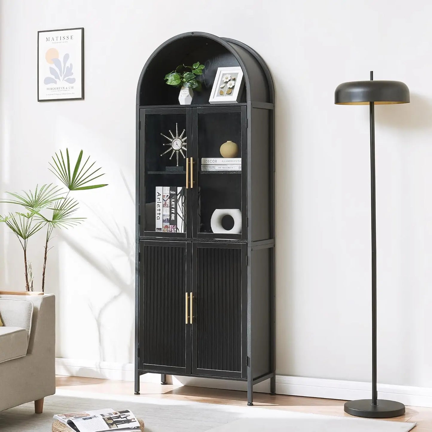 Arched Storage Cabinet with Glass Doors & Shelves, 5-Tier Farmhouse Bookcase Bookshelf Tall Floor Curved Hutch Storage Cabinet