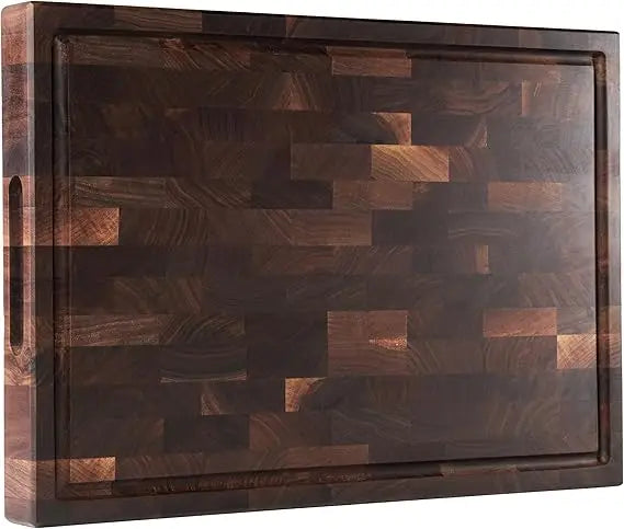 Kitchen End Grain Dark Walnut Wood Cutting Board 17x12x1.6 with Juice Groove and Inner Handles, Gift Boxed