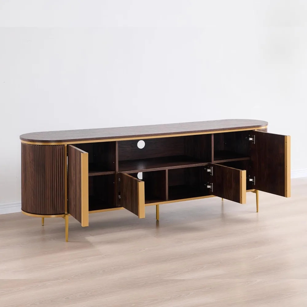 Luxury 70" Fluted TV Stand, Modern Chic Entertainment Center for TVs Up to 80 inches, TV Console with Faux Marble Top, Curved P
