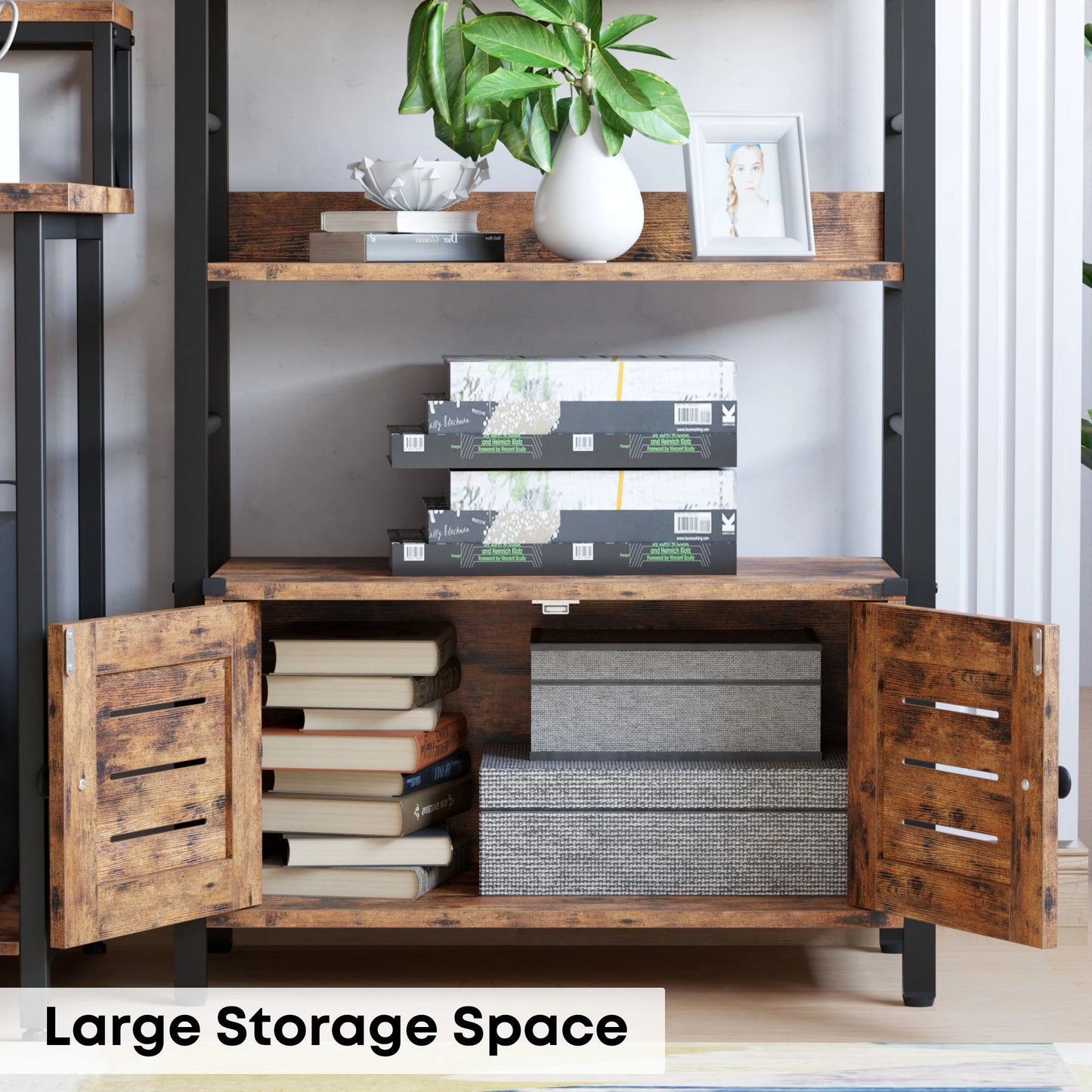 IRONCK Bookshelf with Louvered Doors, 4-Tier Ladder Shelf with Cabinet Industrial Accent Furniture for Bedroom Living Room Home