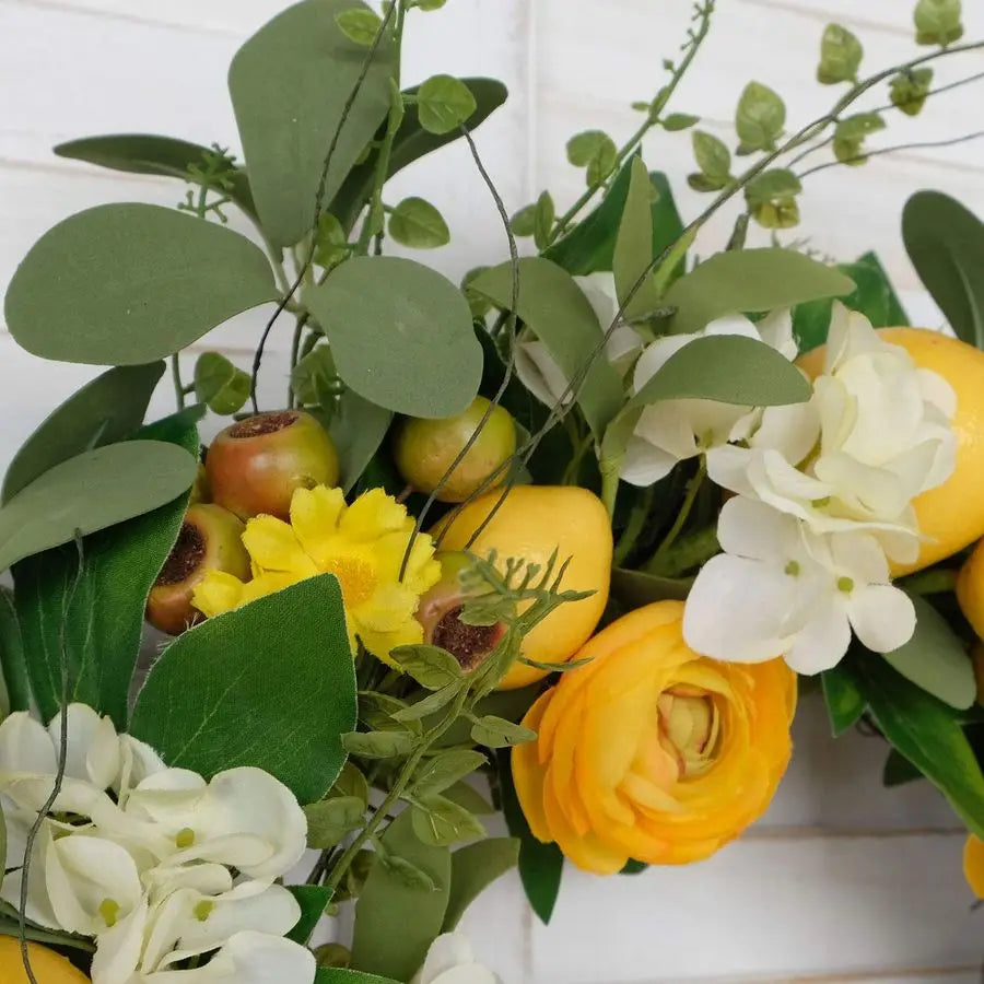 20 inch Artificial Lemon Wreath for Front Door Yellow Peony White Hydrangea Green Leaves Wreath with Big Berries Grapevine Sprin