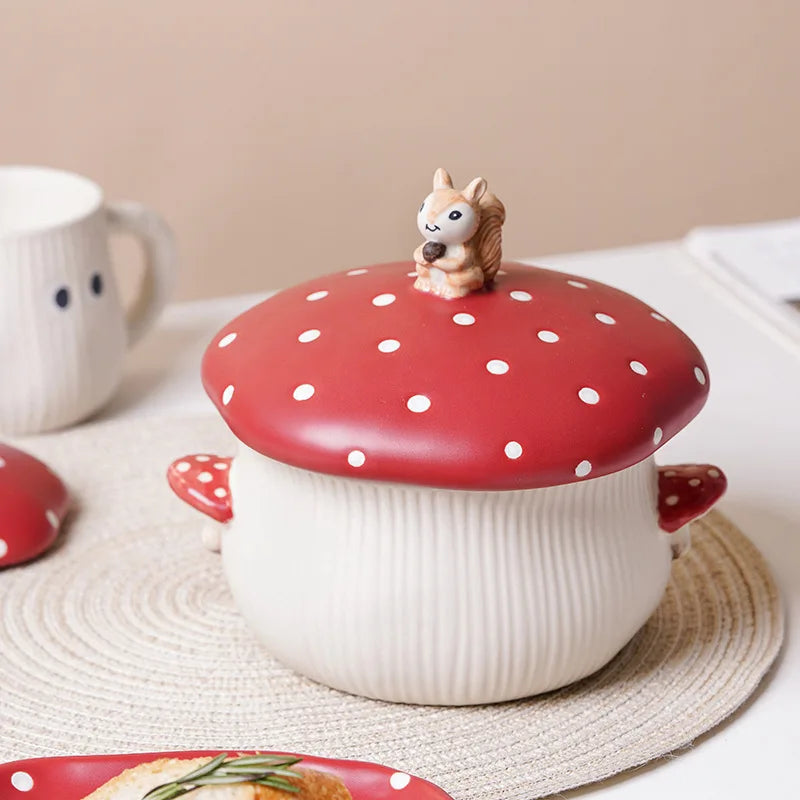 Ceramic Red Mushroom Tableware Mug Snack Plate Creative Cute Handmade Dinner Serving Plate Bowl Spoon Kitchen Dinnerware