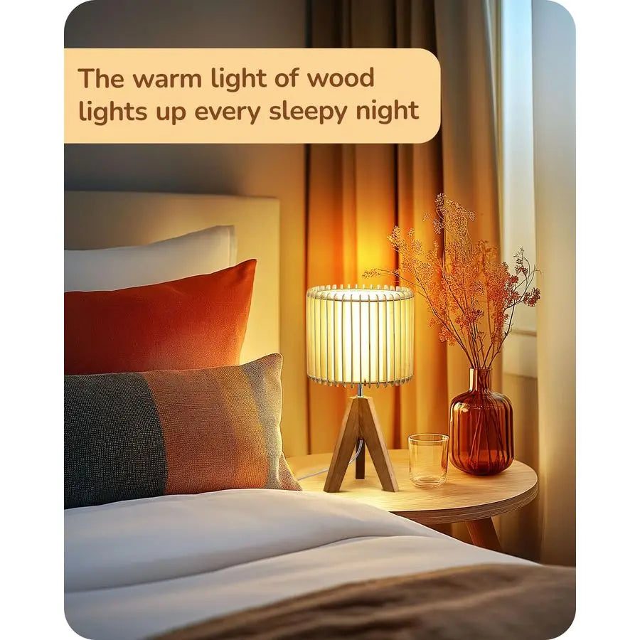 14.17 Small Table Lamp, Wood Tripod Bedside Lamp, Natural WoodColored Hollow amp White PVC Shade, E26 Base, Boho Nightstand Lamp