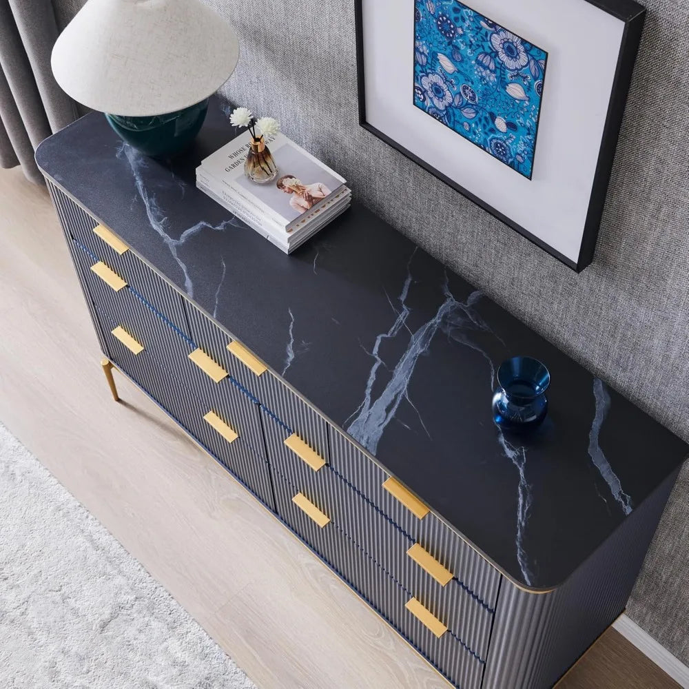 Fluted 7 Drawers Dresser for Bedroom, 54" Wide Modern Dresser TV Stand, Gold Accents, Fluted Fronts, Wood Storage Dressers Orga