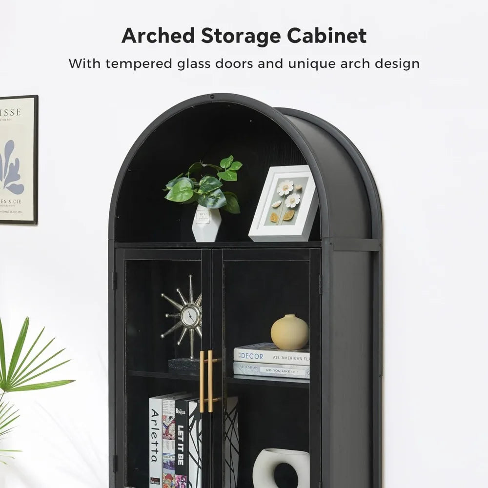 Arched Storage Cabinet with Glass Doors & Shelves, 5-Tier Farmhouse Bookcase Bookshelf Tall Floor Curved Hutch Storage Cabinet
