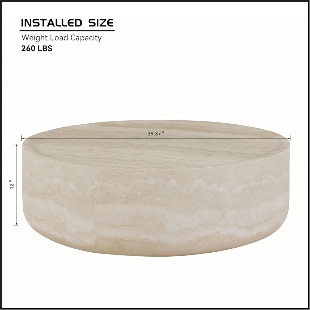 Round Coffee Table, 39.37” Modern Tea Faux Travertine Textured Table Fiberglass Side Table End Table for Living Room