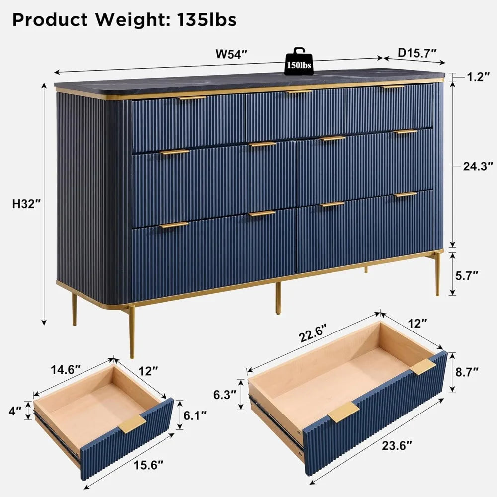 Fluted 7 Drawers Dresser for Bedroom, 54" Wide Modern Dresser TV Stand, Gold Accents, Fluted Fronts, Wood Storage Dressers Orga
