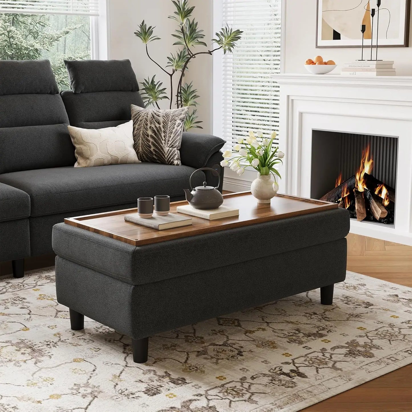 46 Inches Wide Storage Ottoman Bench, Linen Coffee Table Folding Long Shoes Bench Footstool, Storage Chest, Foot Rest Stool