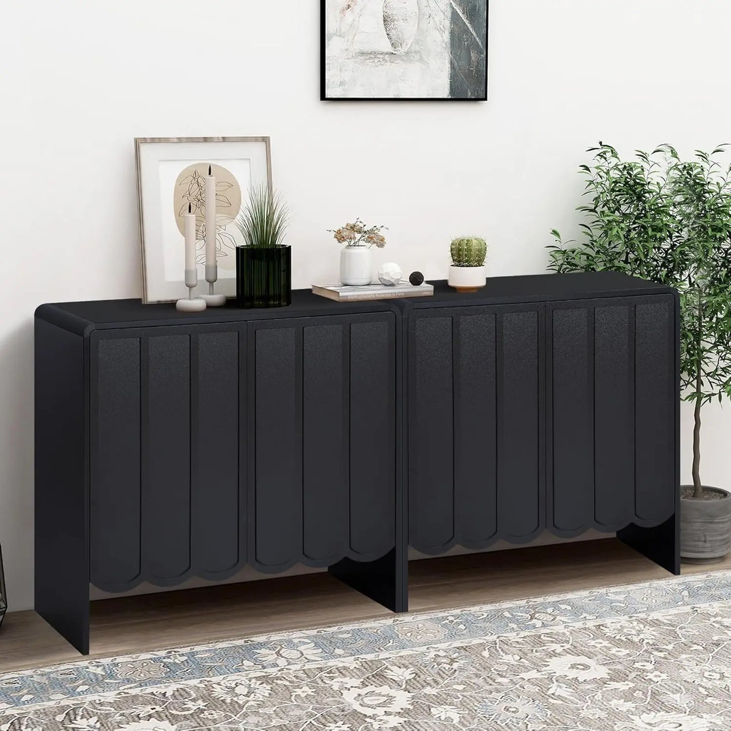 Sideboard Buffet Cabinet, Accent Storage Cabinets with 2 Doors, Farmhouse Wood Cabinet with Adjustable Shelves and Wave Panel
