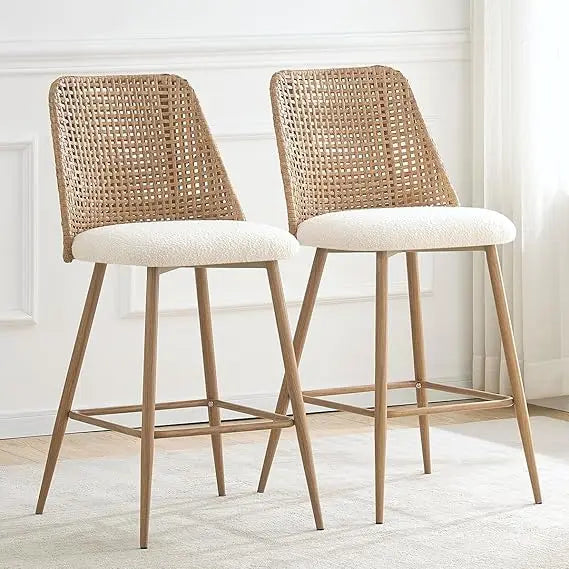 Rattan Bar Stools Set of 2, 26 Inches Height Wicker Bar,PE Rattan Stools with Metal Legs,Wicker Bar Stools Set of 2