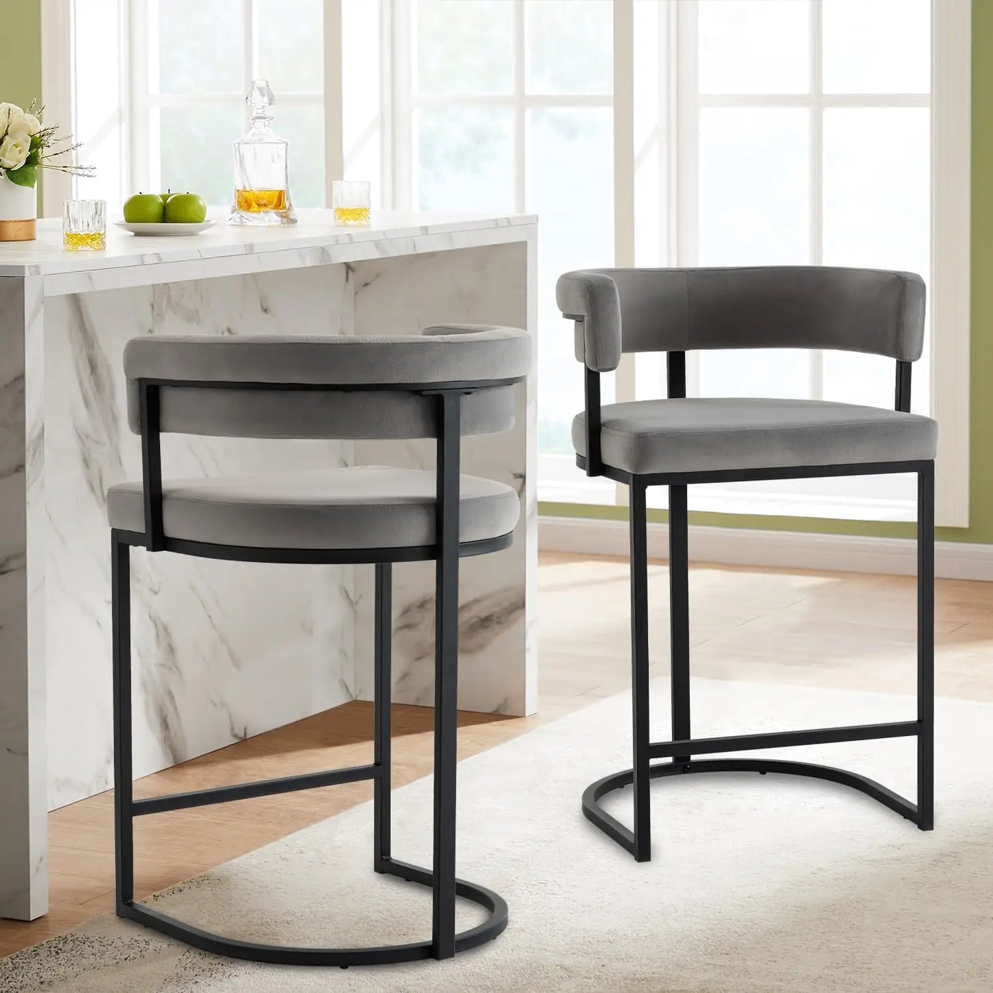 25.6" Seat Height Bar Stools (2-Piece) – Modern Beige Velvet, Barrel Backrest with Gold Metal Footrest