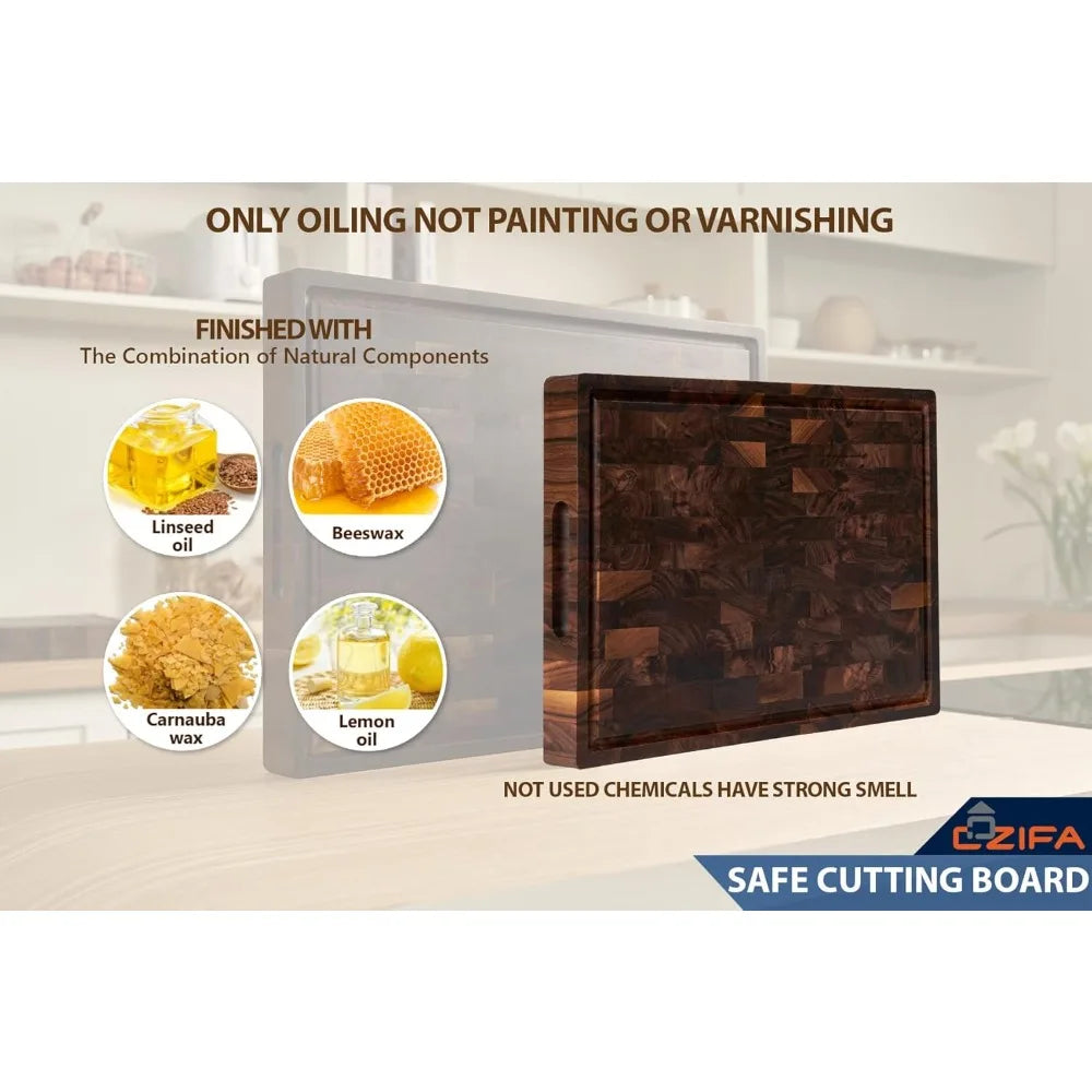 Kitchen End Grain Dark Walnut Wood Cutting Board 17x12x1.6 with Juice Groove and Inner Handles, Gift Boxed